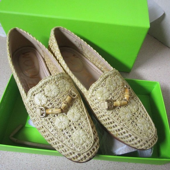 Sam Edelman Women's Lowell Loafer size 5 natural Raffia tan woven flowers NIB - Picture 2 of 8